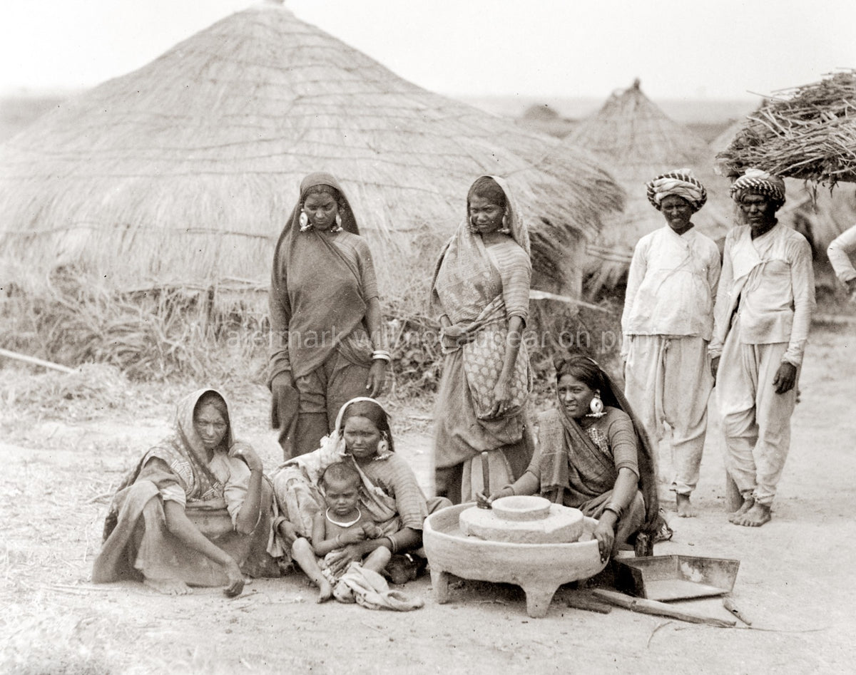 India Hill People Women Grinding Grain Village Huts Vtg. Photo 19thC.