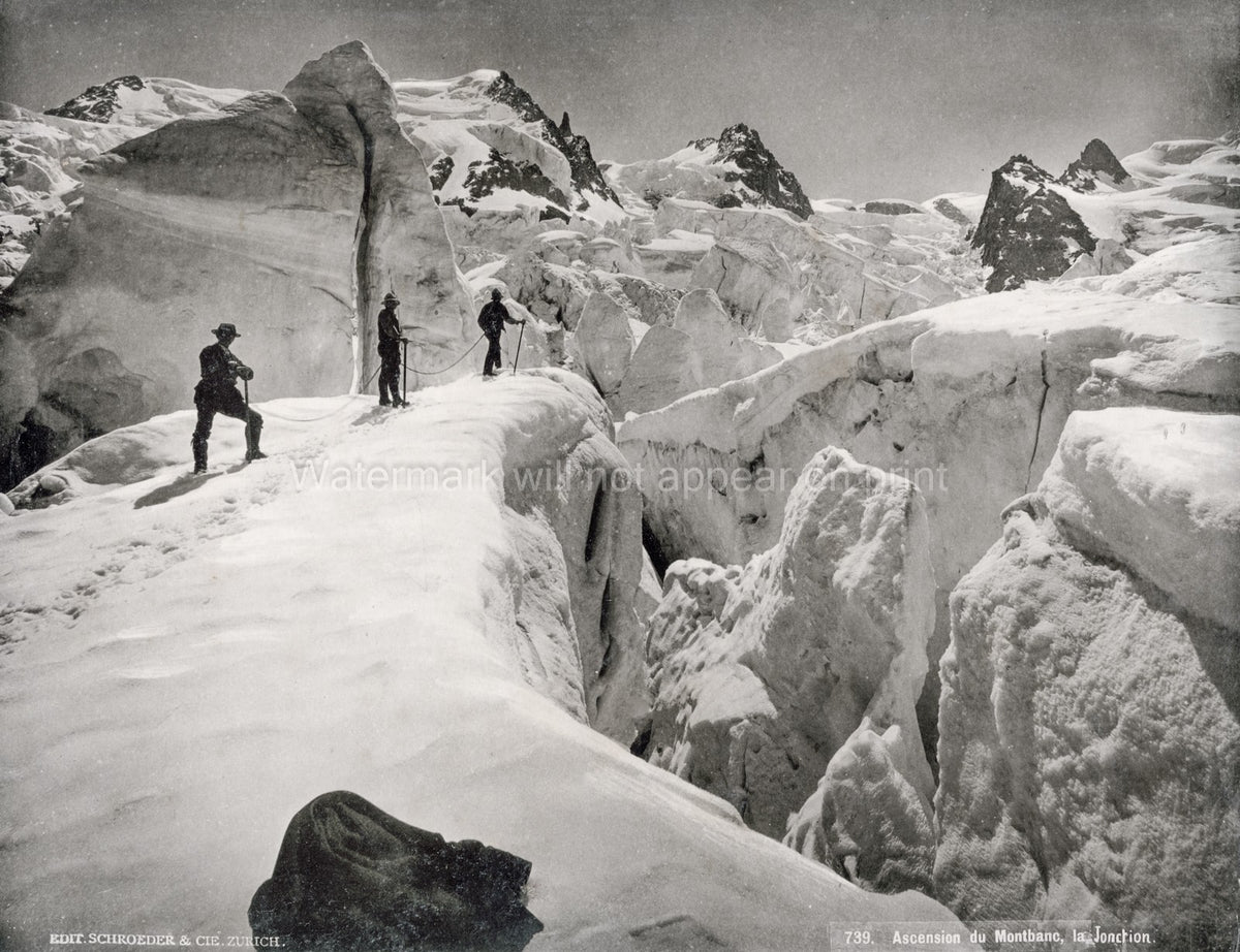 Climbing Mont Blanc Alps Mountaineers Glacier Crevasse Snow Vtg. Photo 19thC.