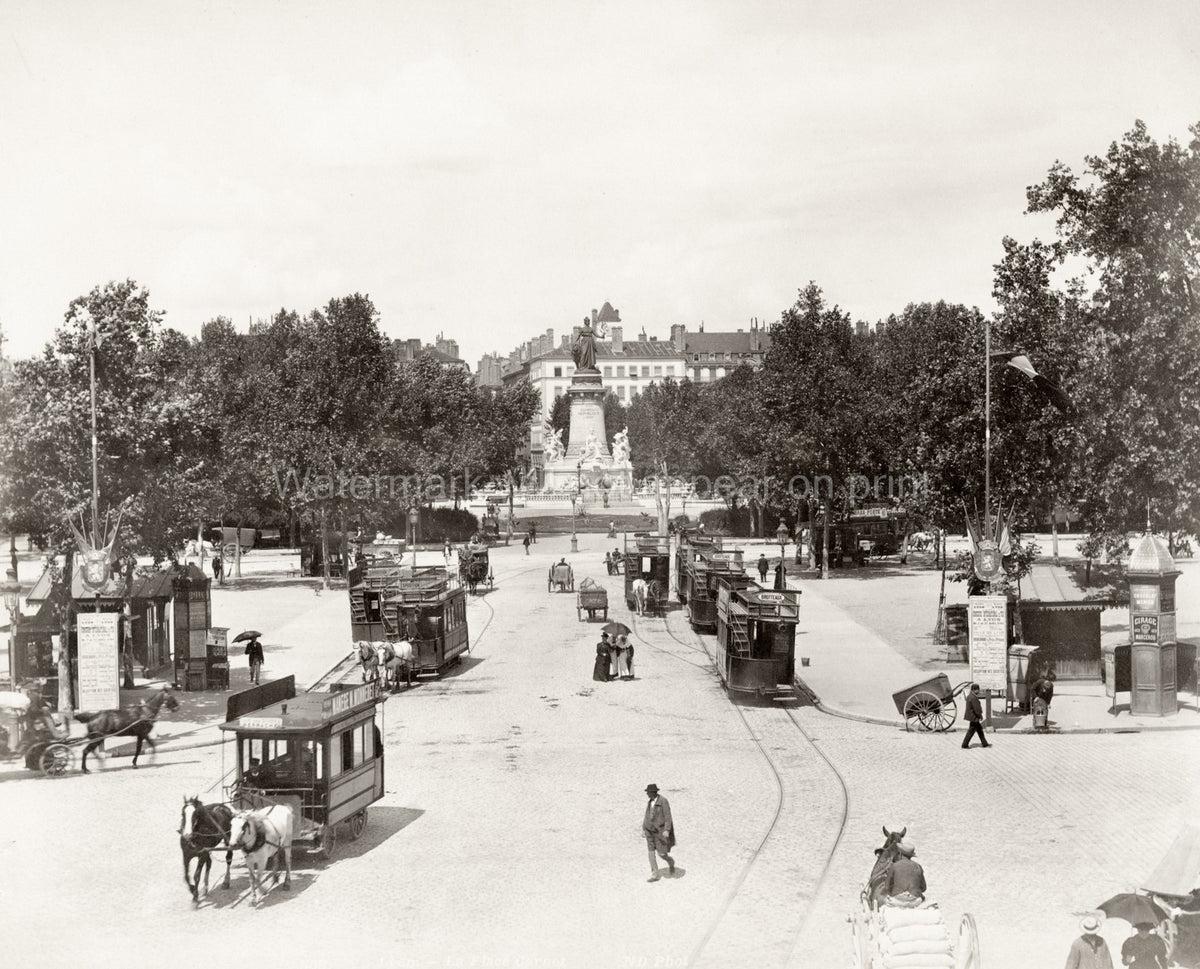 Place Carnot Lyon France Trams Horses Cityscape Monument Vtg. Photo 19thC.