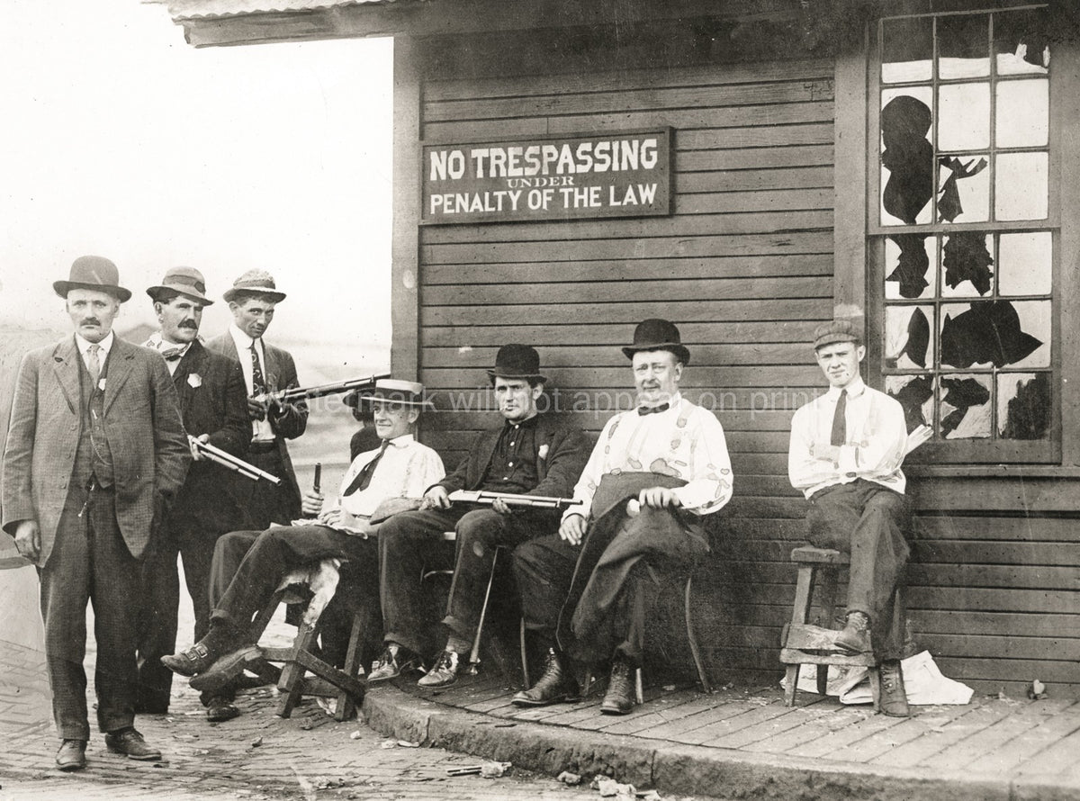 Men Shotguns Weapons Guards Strikebreakers Trespassing Sign Vtg. Photo 20thC.