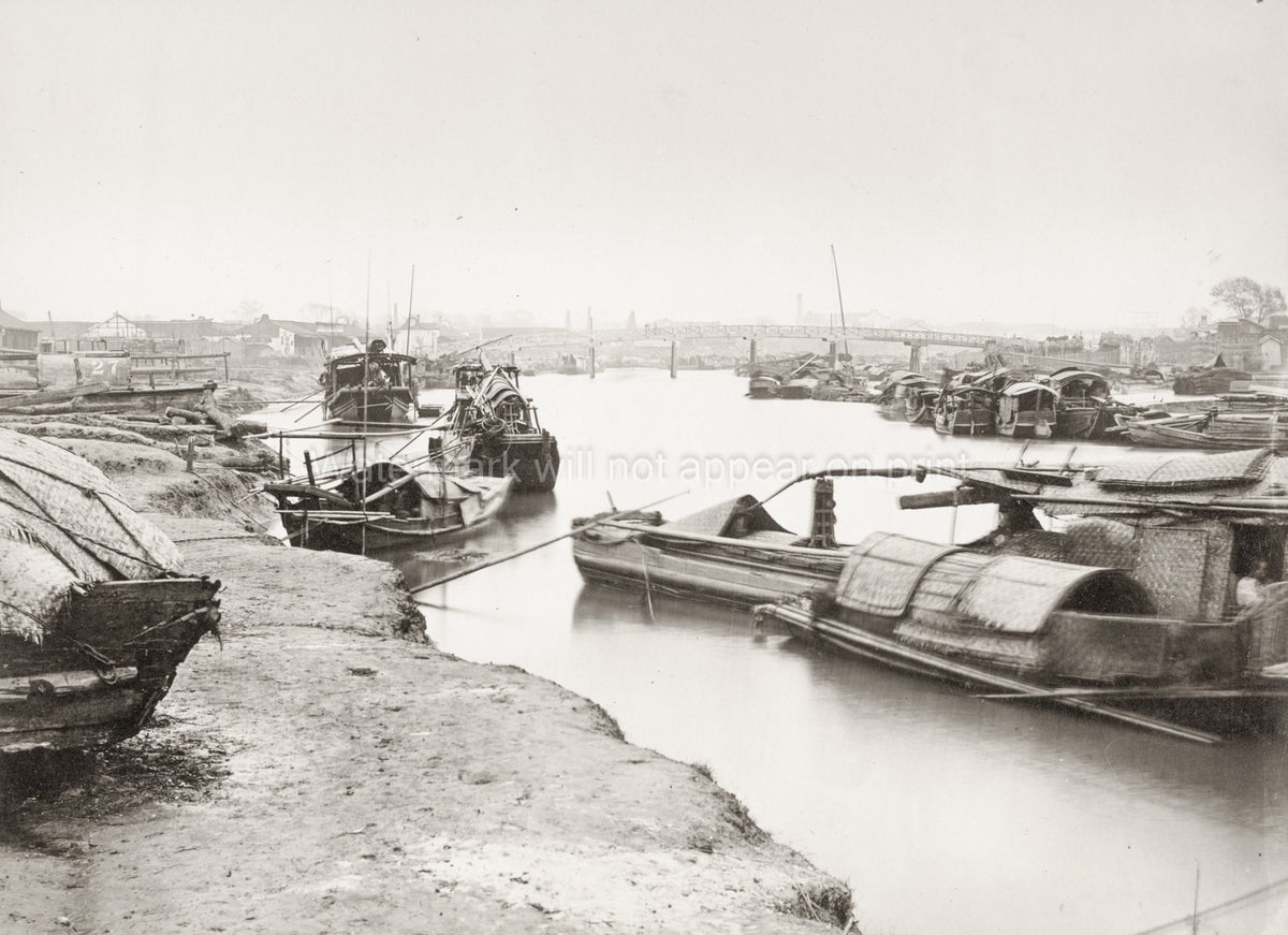 China River Boats Creek Harbor Sampans Junks Cityscape Vtg. Photo 19thC.