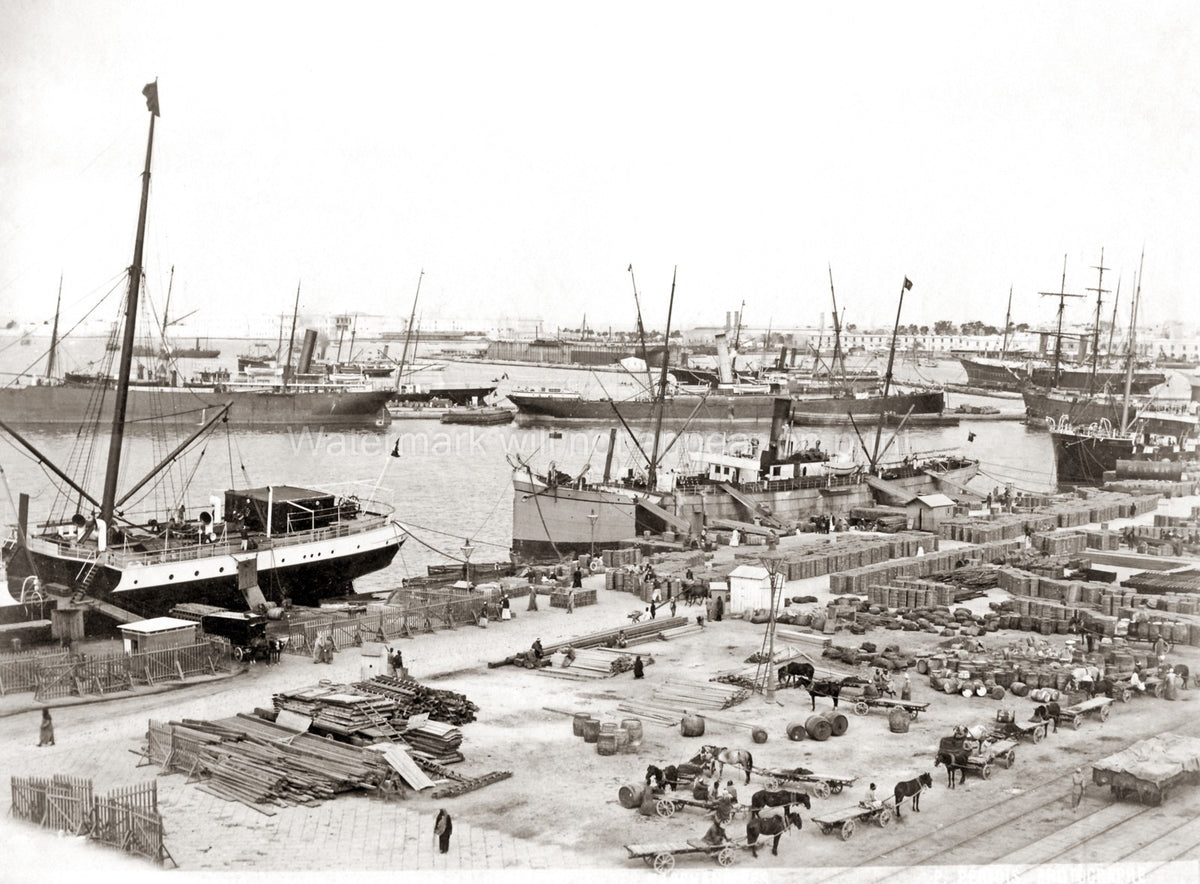 Suez Egypt Port Harbor Scene Shipping Docks Cargo Ships Vtg. Photo 19thC.