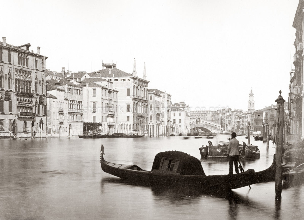 Venice Grand Canal Rialto Bridge Gondola Cityscape Buildings Vtg. Photo 19thC.