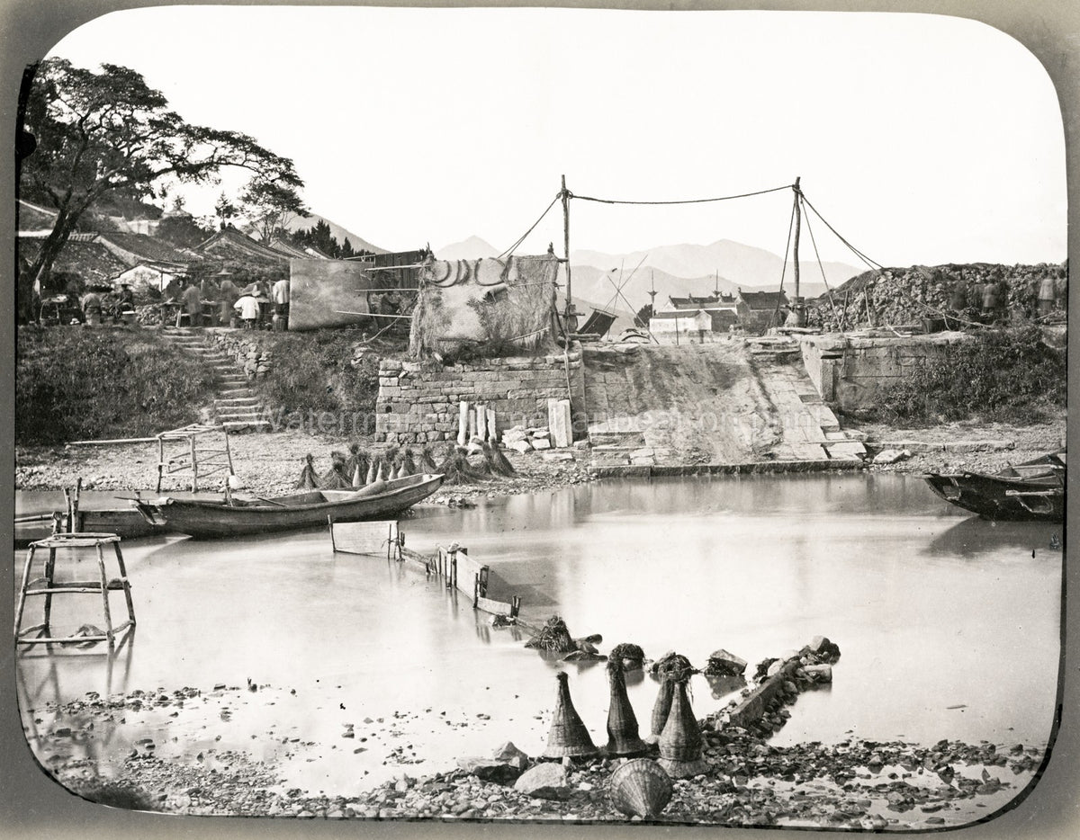 Shanghai China River Scene Wharves Boats Fishing Village Vtg. Photo 19thC.