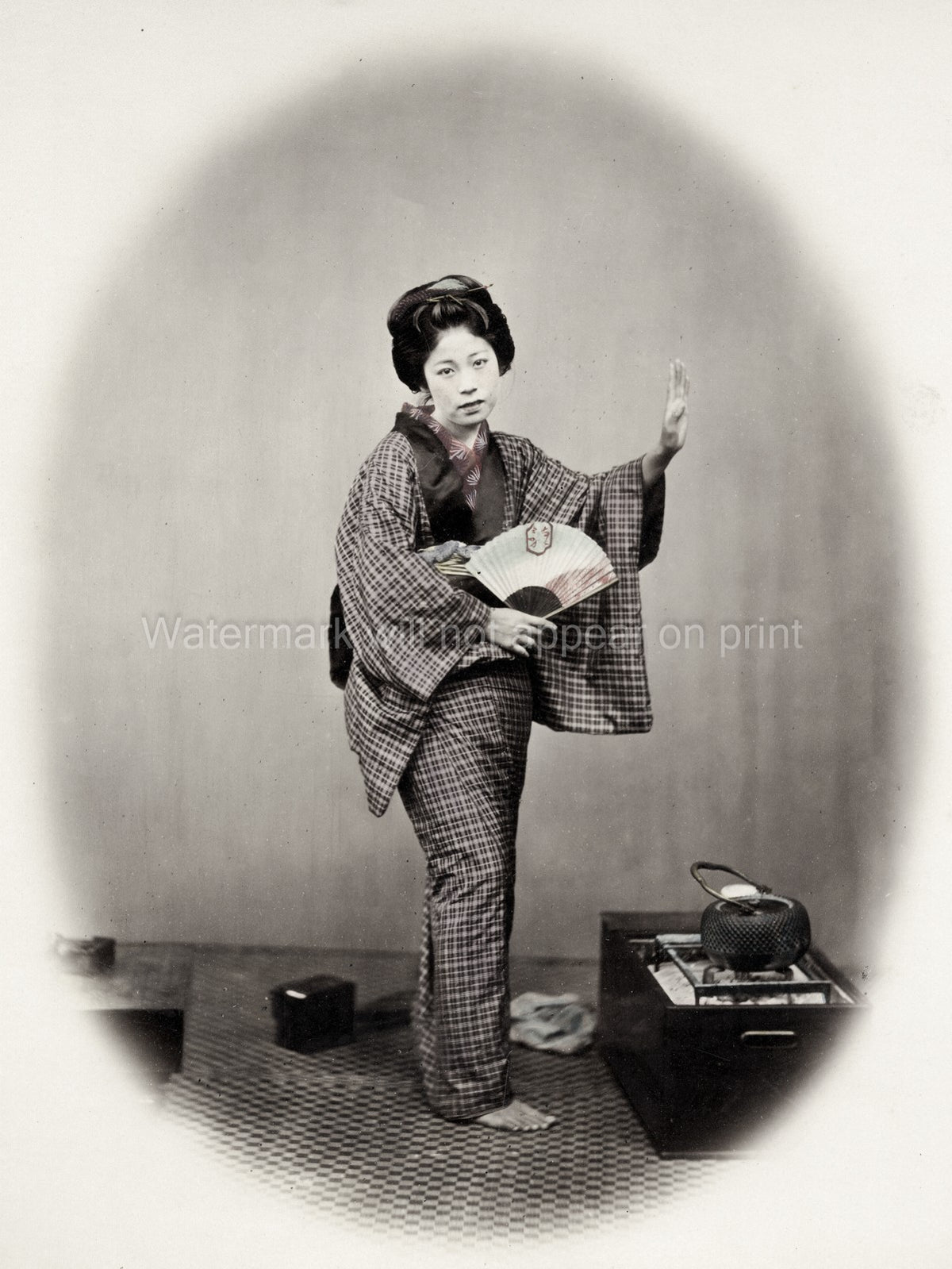 Traditional Japanese Woman Fan Kimono Tea Kettle Vtg. Photo 19thC.