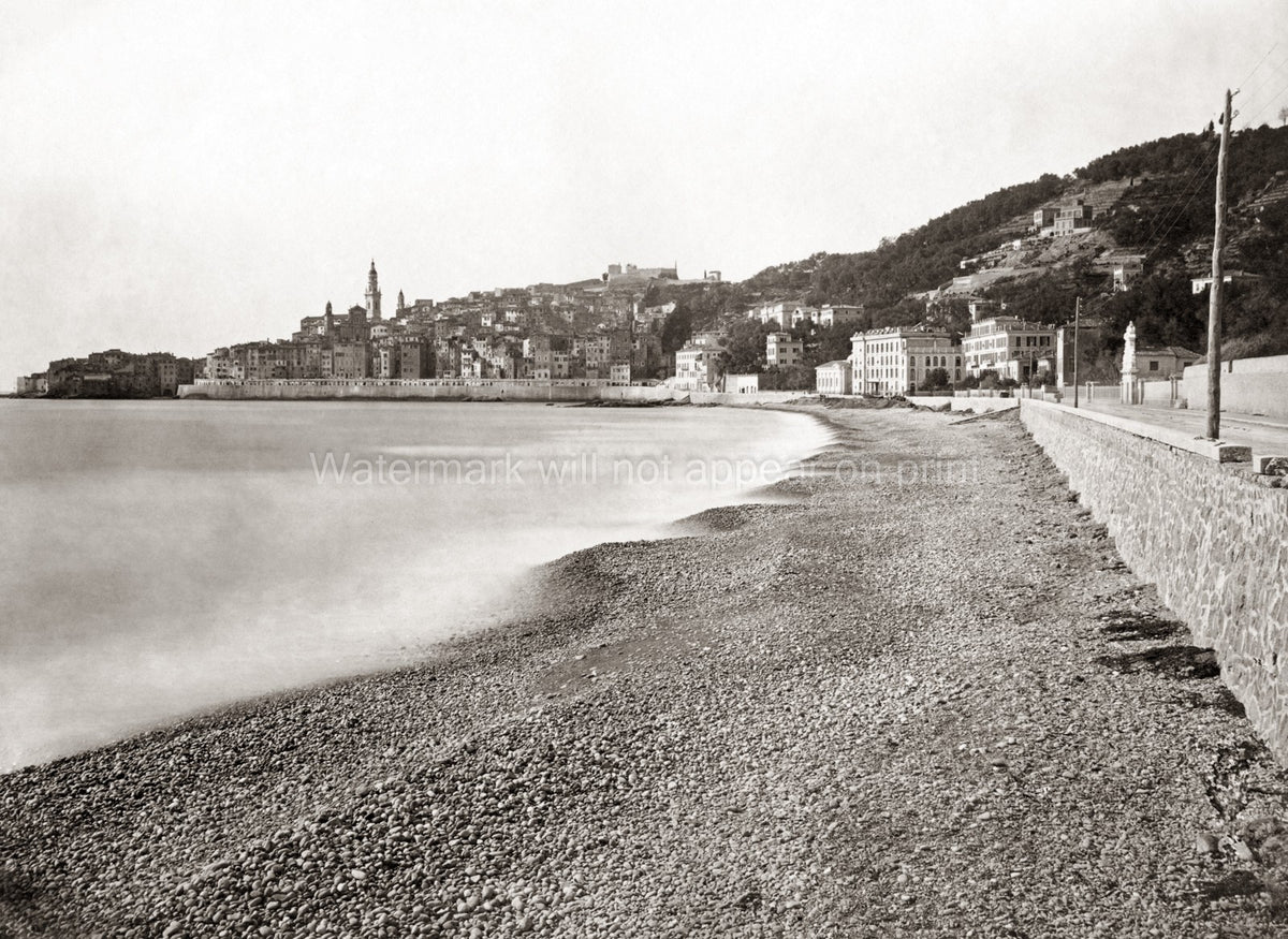 Mentone France Old Town Coastline Seascape Beach Hillside Vtg. Photo 19thC.