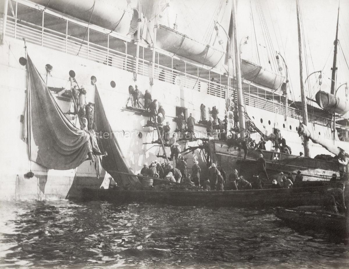 People Boarding Large Ship Small Boats Maritime Scene Vtg. Photo 19thC.