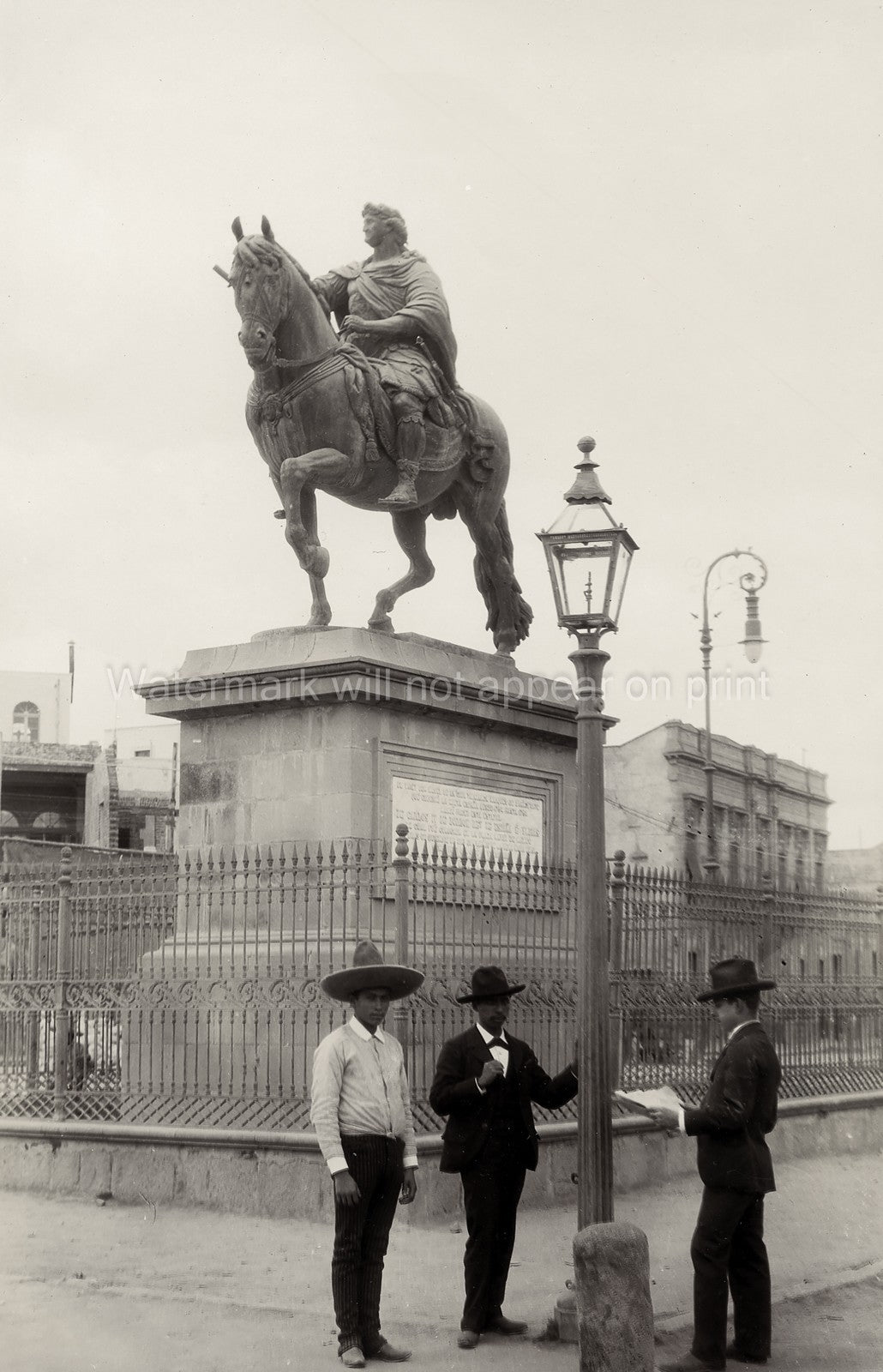 Mexico City Statue Charles IV El Caballito Men Sombrero Vtg. Photo 19thC.