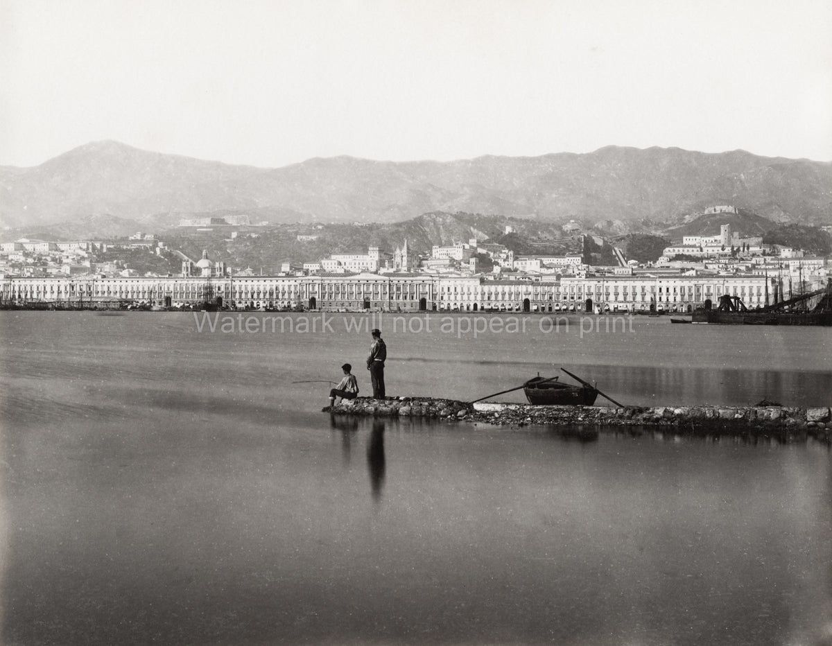 Messina Sicily Palazzata Waterfront Harbor Cityscape Fishing Vtg. Photo 19thC.