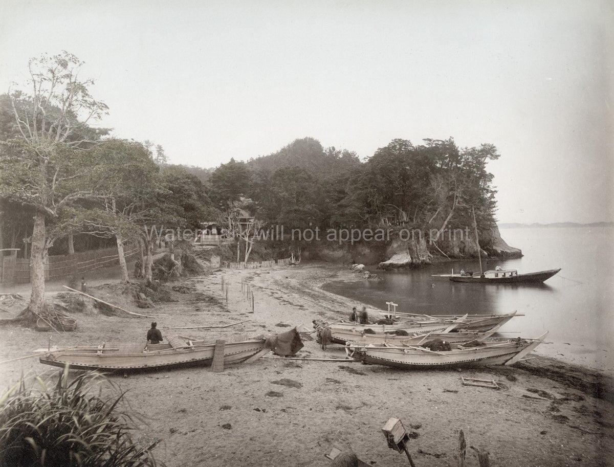 Japanese Fishing Village Boats Wasen Coast Beach Fishermen Vtg. Photo 19thC.