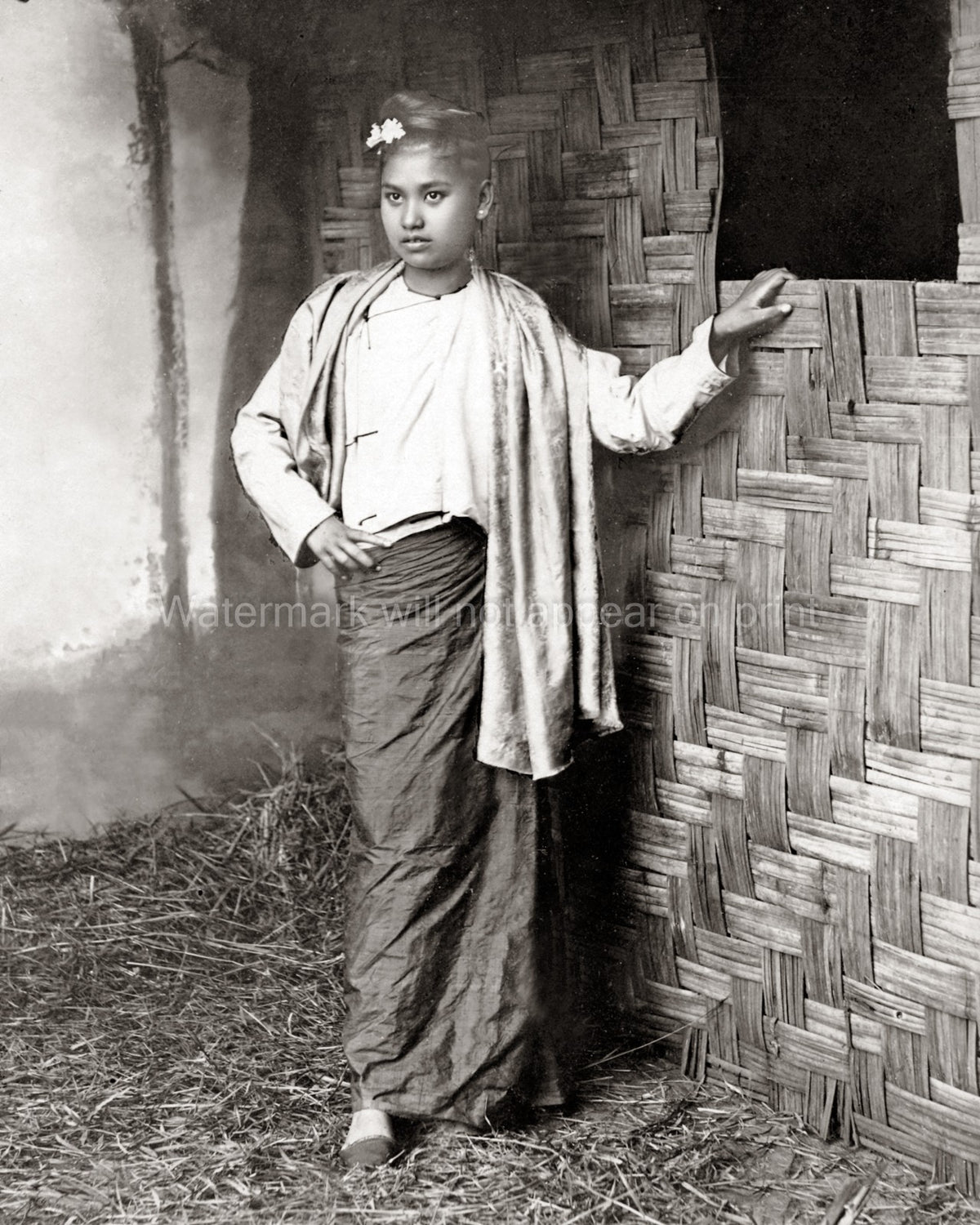 Young Burmese Girl Traditional Clothing Longyi Burma Portrait Vtg. Photo 19thC.
