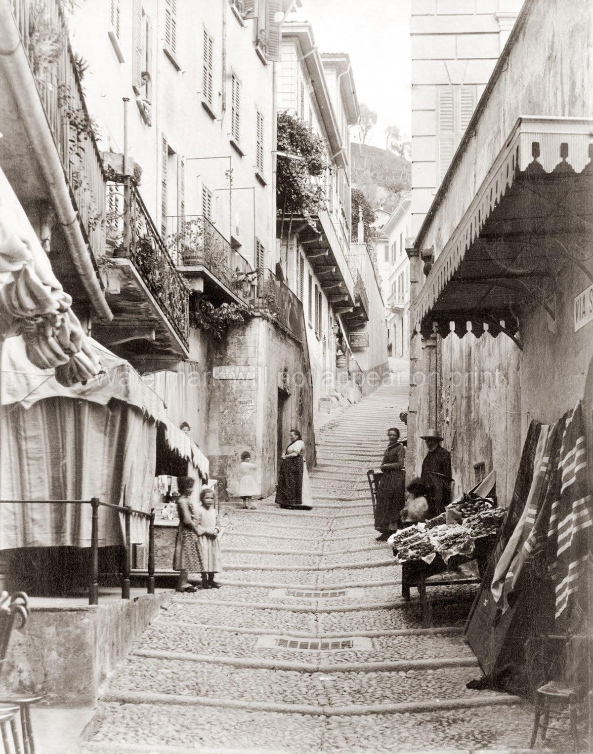 Bellagio Italy Serbelloni Stepped Street Market People Vtg. Photo 19thC.