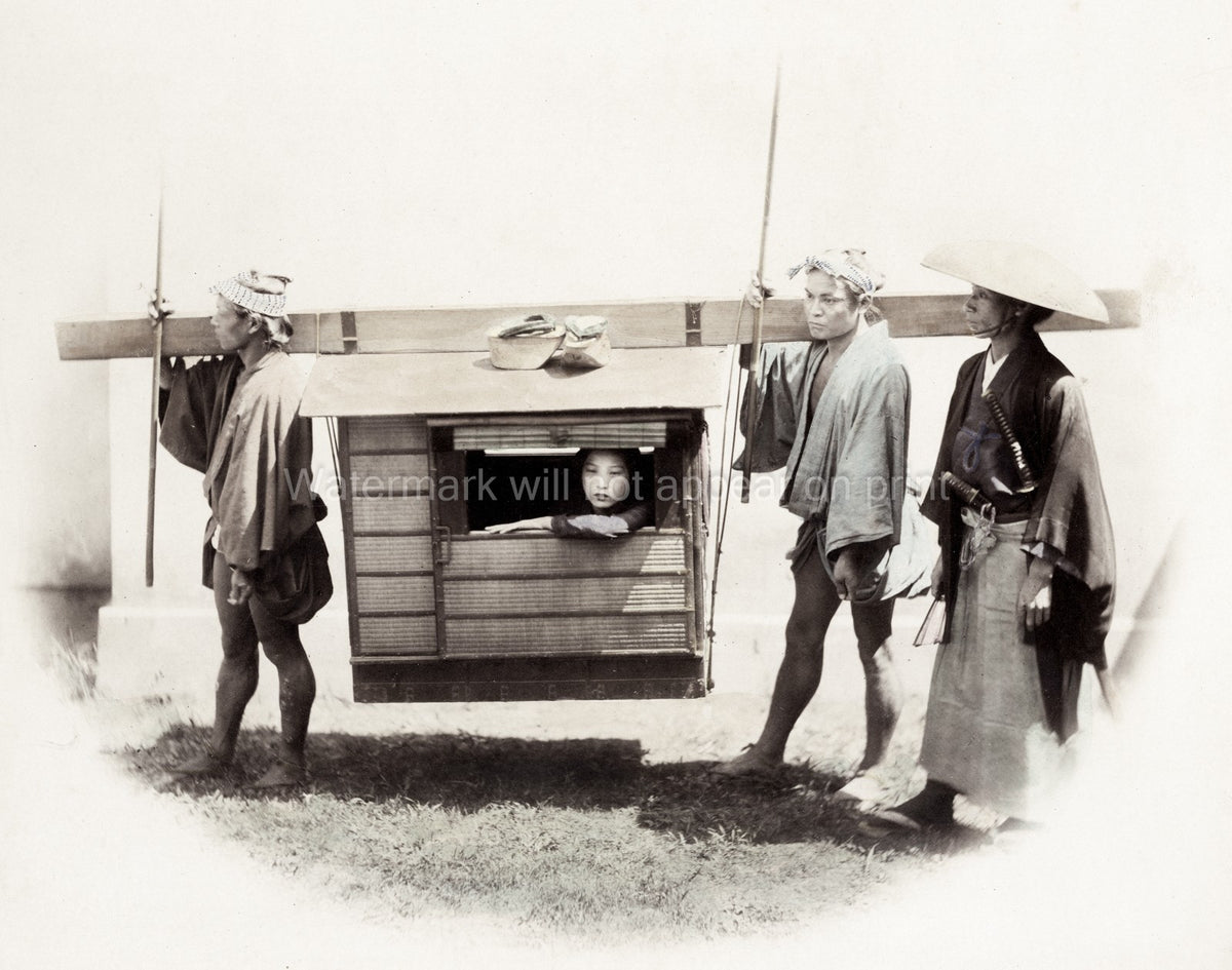Japan Young Woman Kago Palanquin 2 Bearers Samurai Vtg. Photo 19thC.