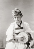India European Boy Tambourine Costume Portrait Striped Hat Vtg. Photo 19thC.