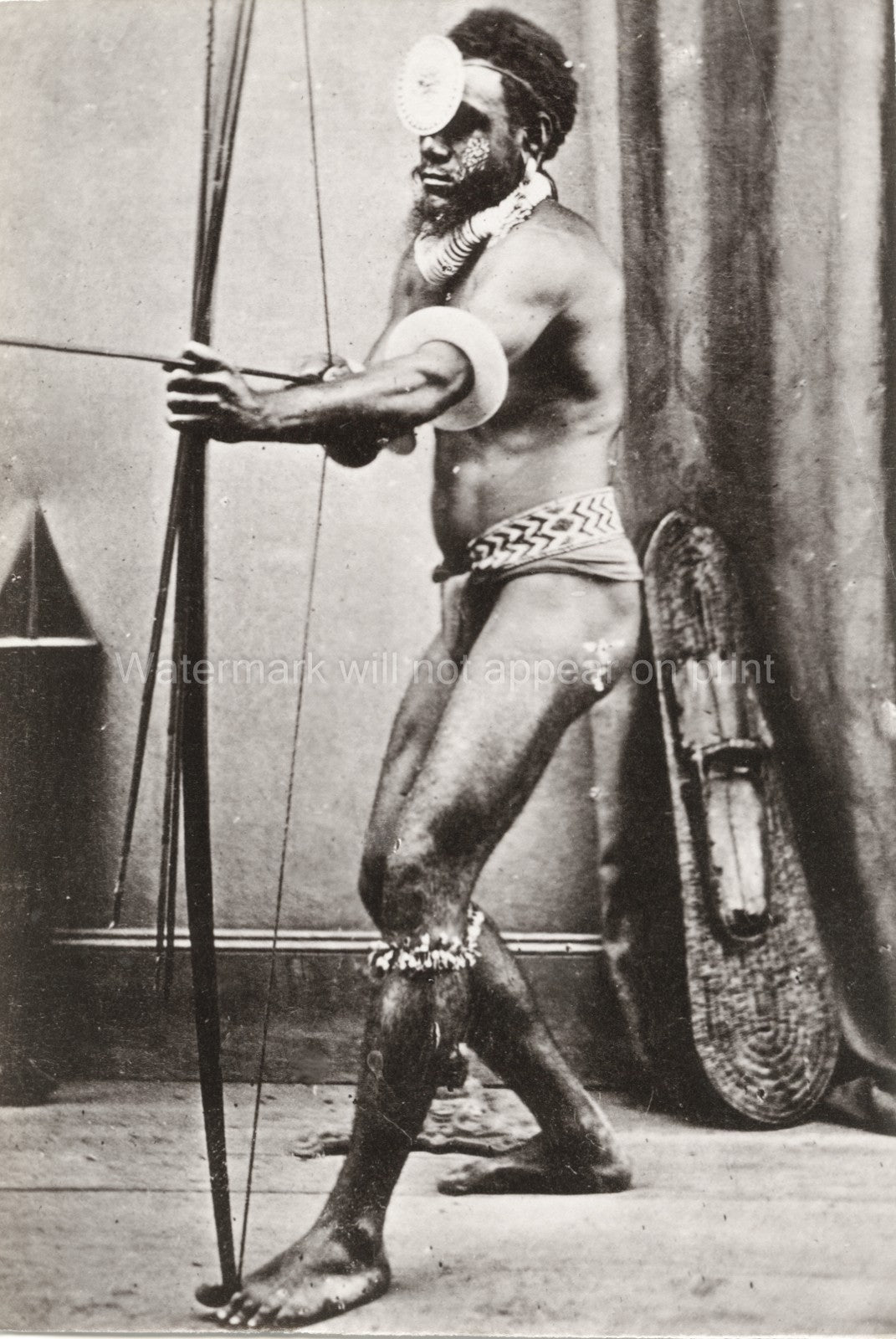 Pacific Islands Trobriand Warrior Archer Bow Shield Vtg. Photo 19thC.