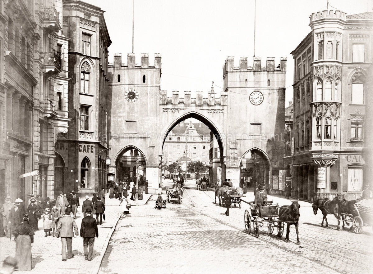 Munich Germany Karlstor Gate Cityscape Street Scene People Vtg. Photo 19thC.