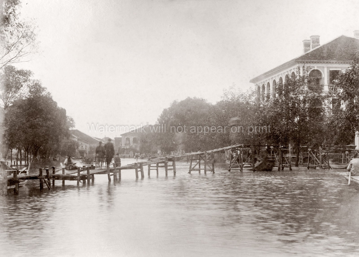 Hankow Hankou Wuhan China Flooding Temporary Bridge People Vtg. Photo 19thC.