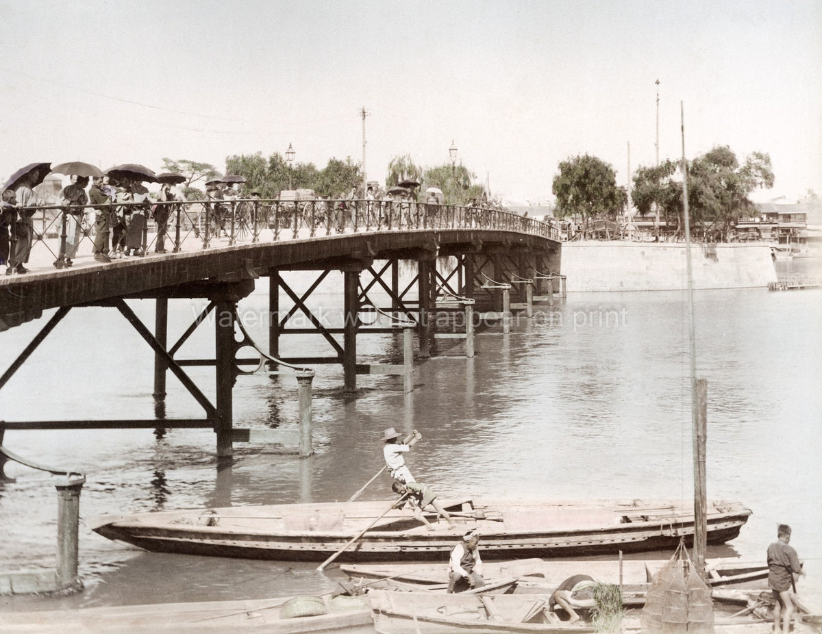 Yokohama Japan Metal Bridge River Boats People Umbrellas Vtg. Photo 19thC.