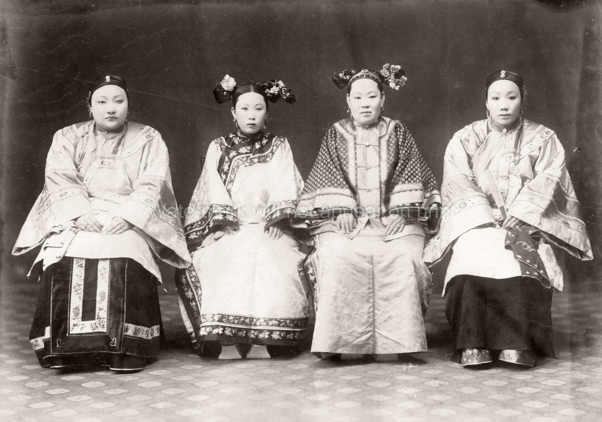 Chinese Women Traditional Manchu Robes Ornate Hairstyles Vtg. Photo 19thC.