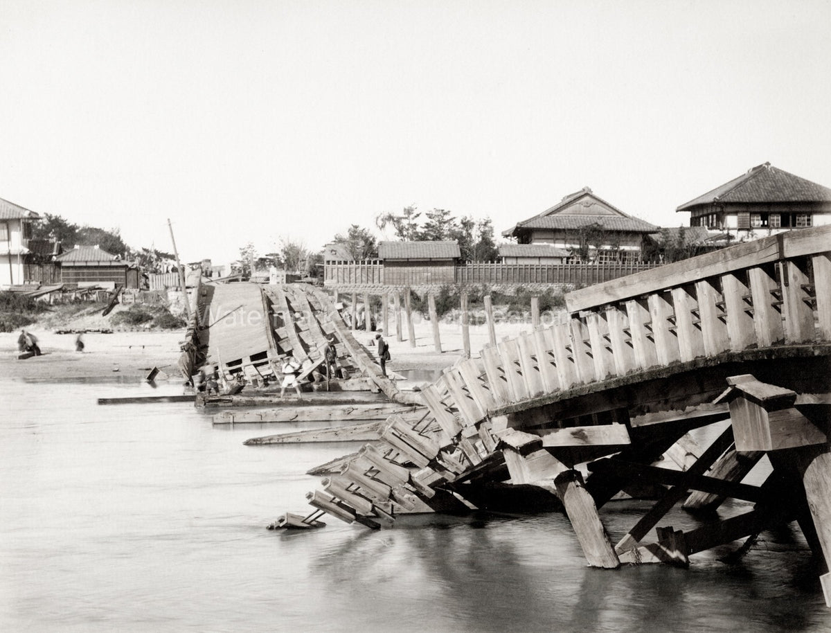 Collapsed Bridge Aftermath Japan Earthquake Damage River Vtg. Photo 19thC.