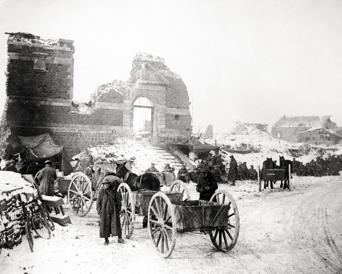 France WWI Troops Snowy Road Town Ruins Soldiers Carts Vtg. Photo WW1