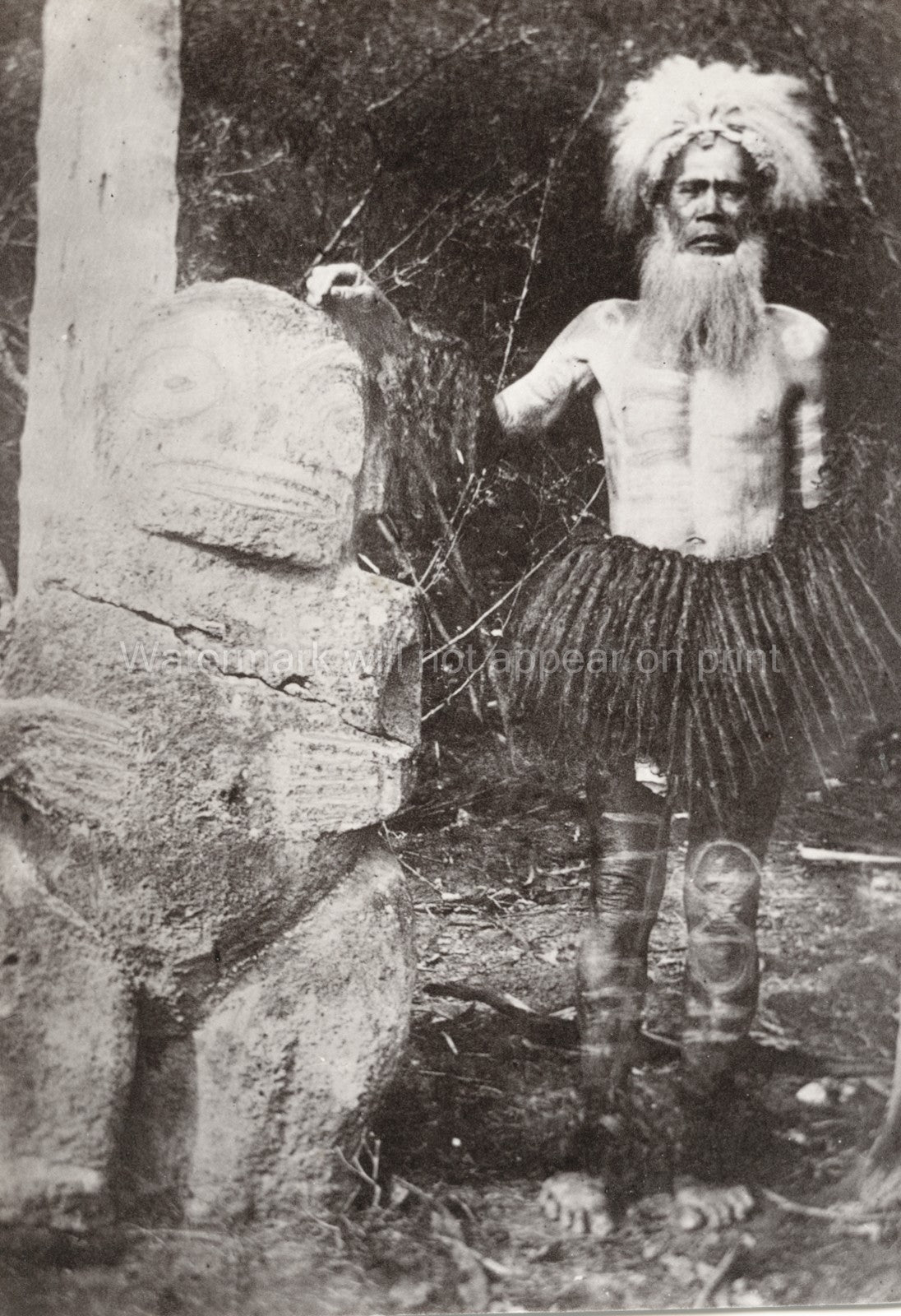 Pacific Islands Marquesas Tattoo & Statue Tribal Headdress Vtg. Photo 19thC.