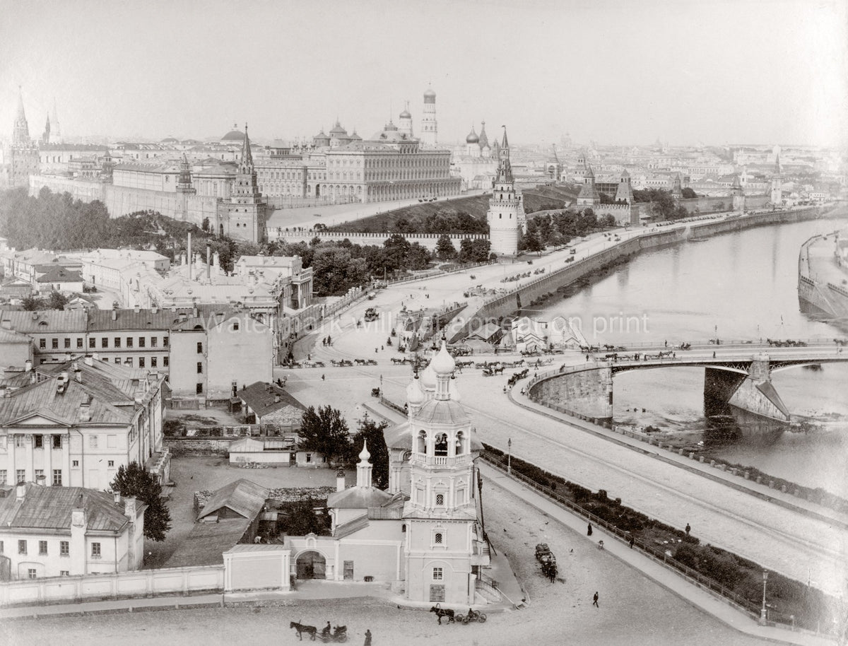 Moscow Kremlin Moskva River Cityscape Embankment Bridge Vtg. Photo 19thC.