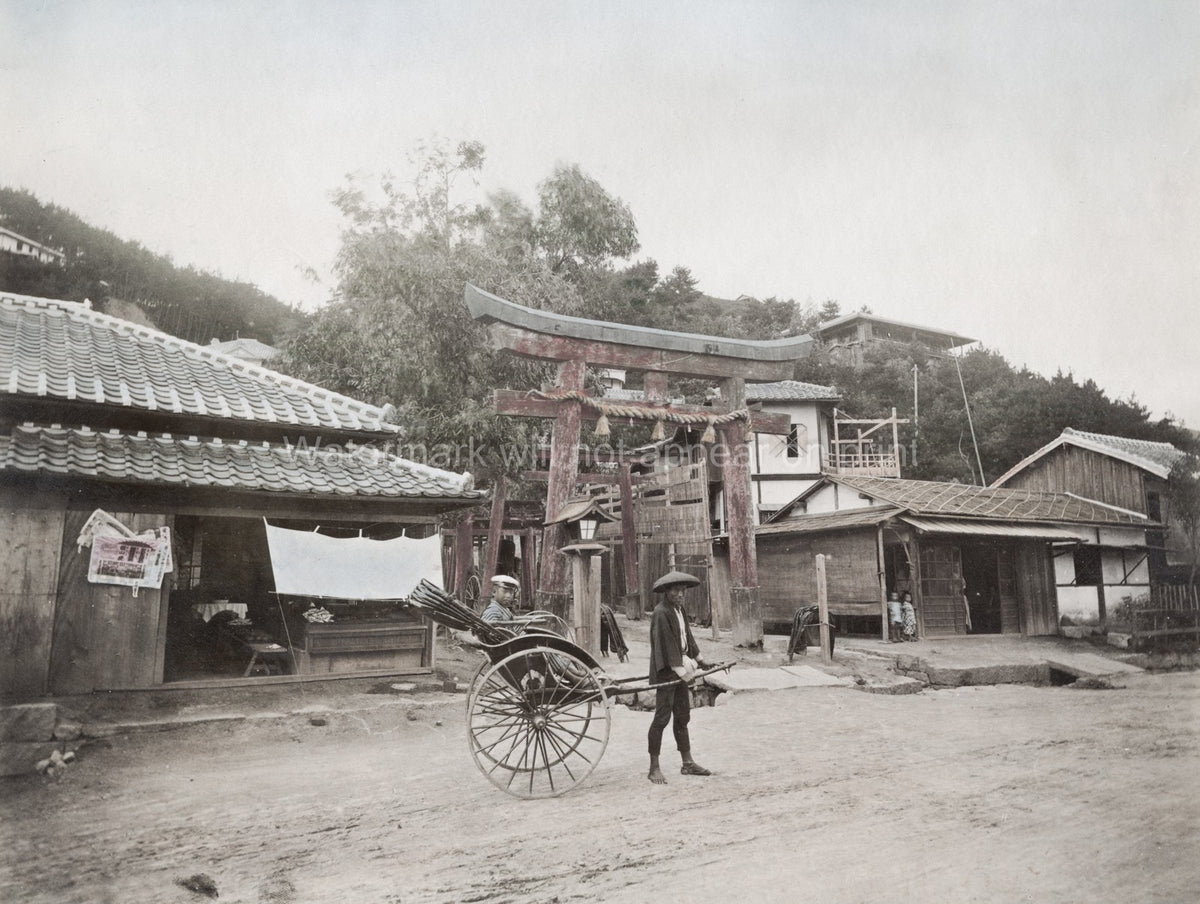 Kobe Suwayama Temple Entrance Torii Gate Rickshaw Street Scene Vtg. Photo 19thC.