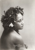 Samoan Taupou Woman Studio Portrait Headdress Flower Vtg. Photo 19thC.