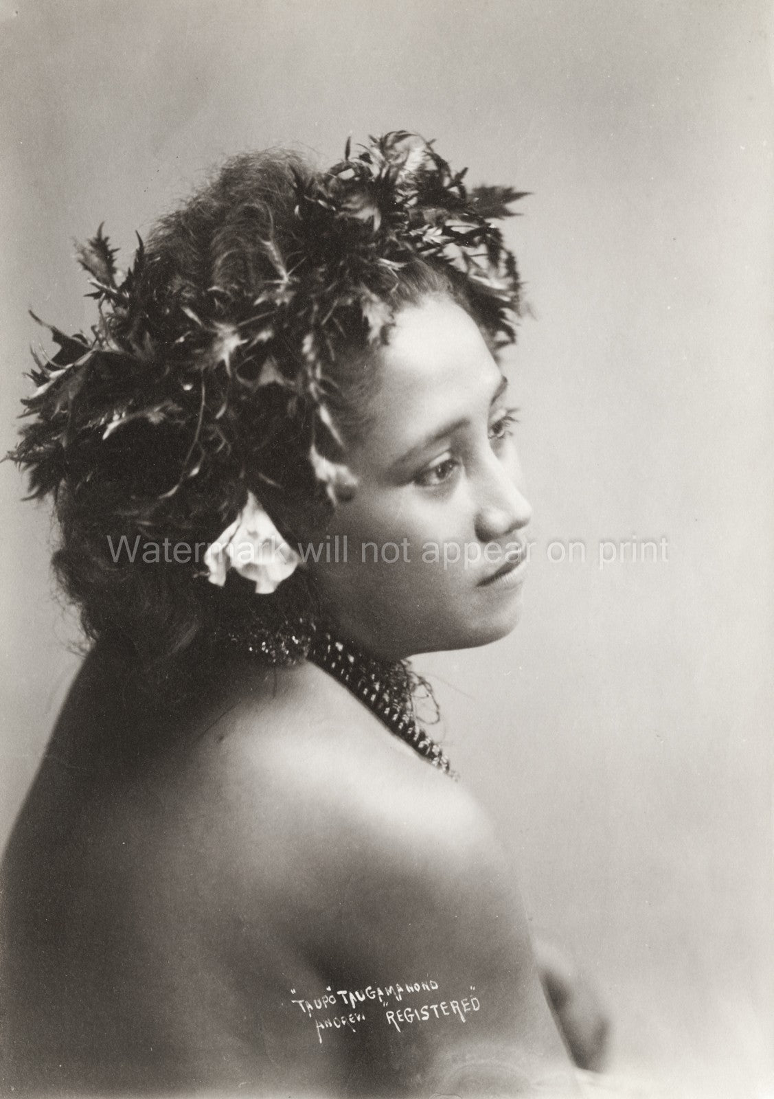Samoan Taupou Woman Studio Portrait Headdress Flower Vtg. Photo 19thC.