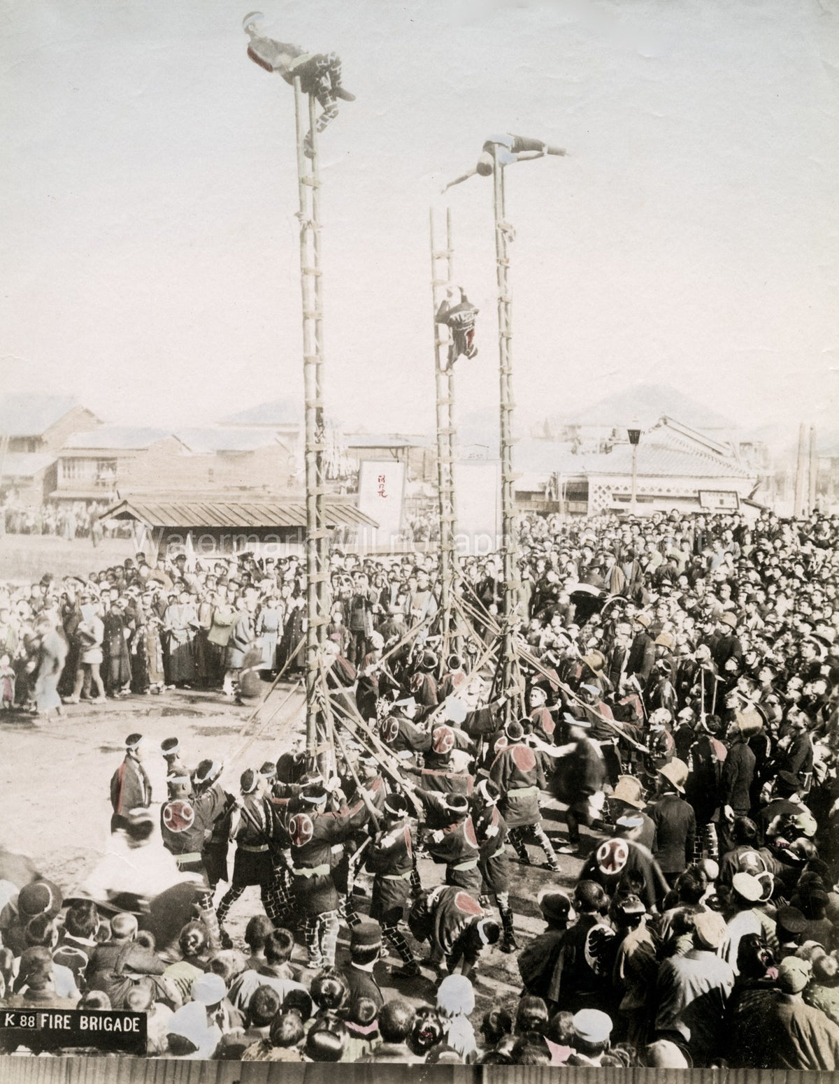 Japan Fire Brigade Gymnastic Display Acrobats Ladders Crowd Vtg. Photo 19thC.