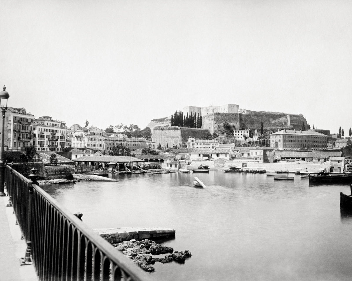 Corfu Greece Harbour Cityscape Waterfront Boats Old Fortress Vtg. Photo 19thC.
