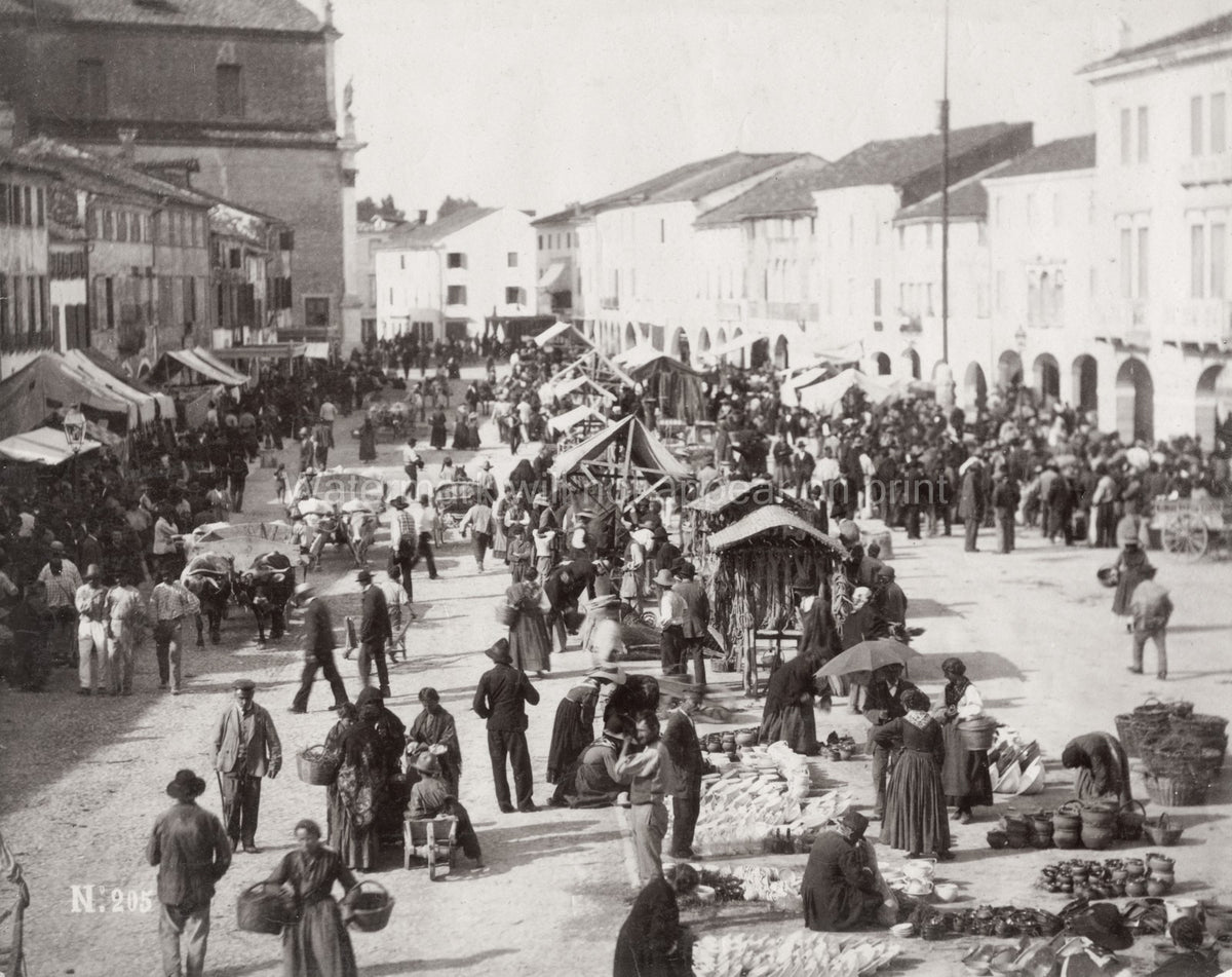 Italy Food Market Busy Street Scene Town Square Crowd Vendors Vtg. Photo 19thC.