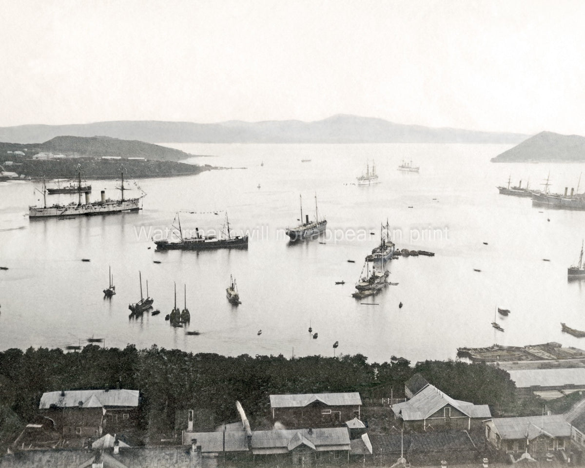 Vladivostok Russia Harbour City Boats Warships Seascape Vtg. Photo 19thC.