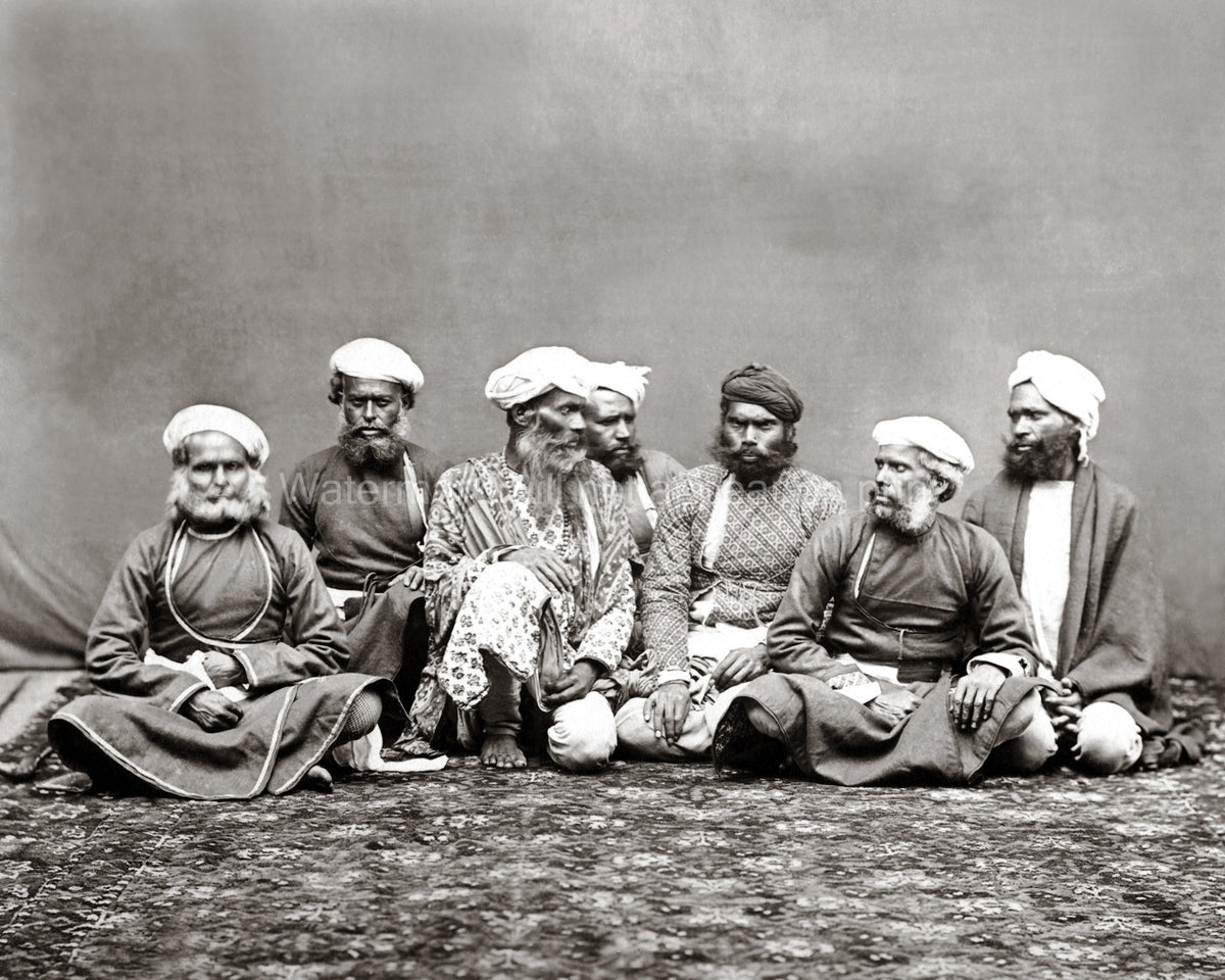 Indian Thugs Group Portrait Men Turbans Beards Seated Vtg. Photo 19thC.