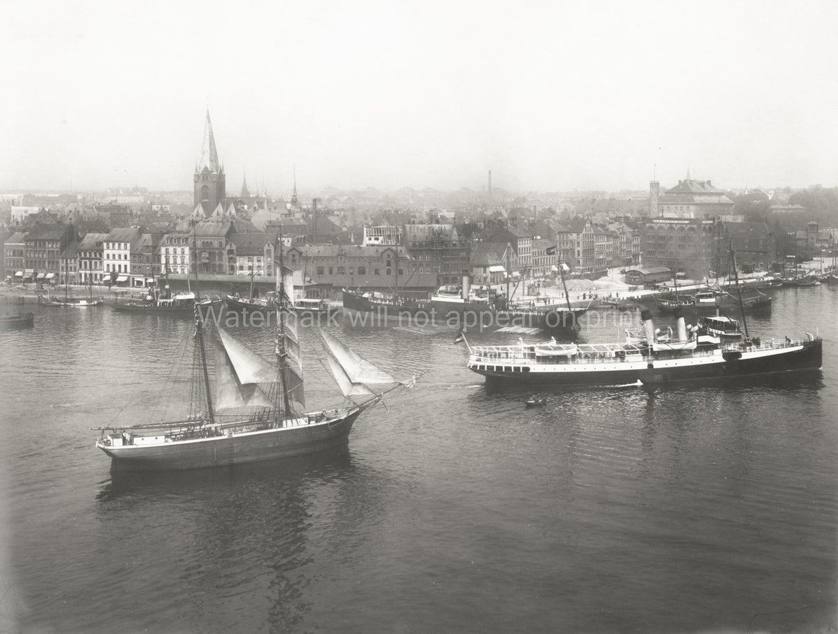 Kiel Germany Harbor Cityscape Schooner Steamer Ships Vtg. Photo 20thC.
