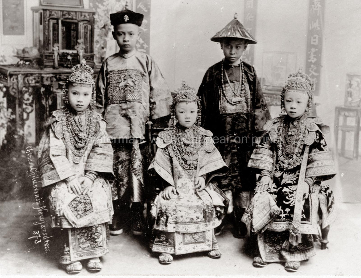 Singapore Chinese Children Wealthy Family Traditional Dress Vtg. Photo 19thC.