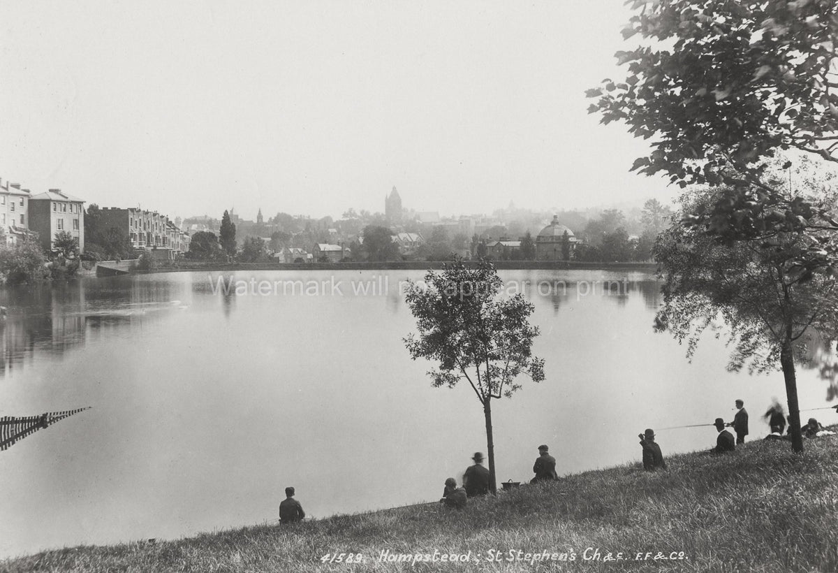 London Hampstead Heath St Stephen's Church Fishing Pond View Vtg. Photo 19thC.