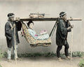 Japan Geisha In Travelling Chair Porters Kago Kimono Vtg. Photo Late 19thC.