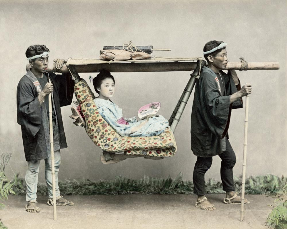 Japan Geisha In Travelling Chair Porters Kago Kimono Vtg. Photo Late 19thC.