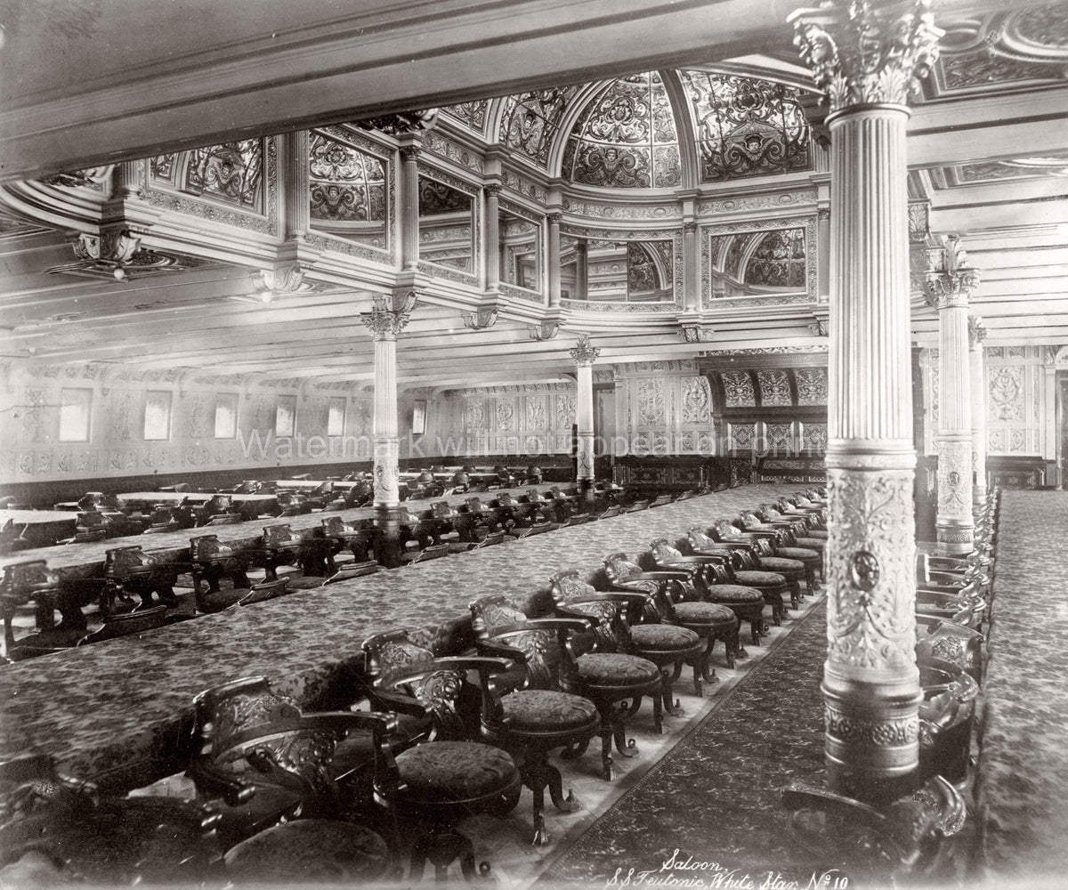 White Star Line RMS Teutonic Saloon Interior Ornate Dining Vtg. Photo 19thC.