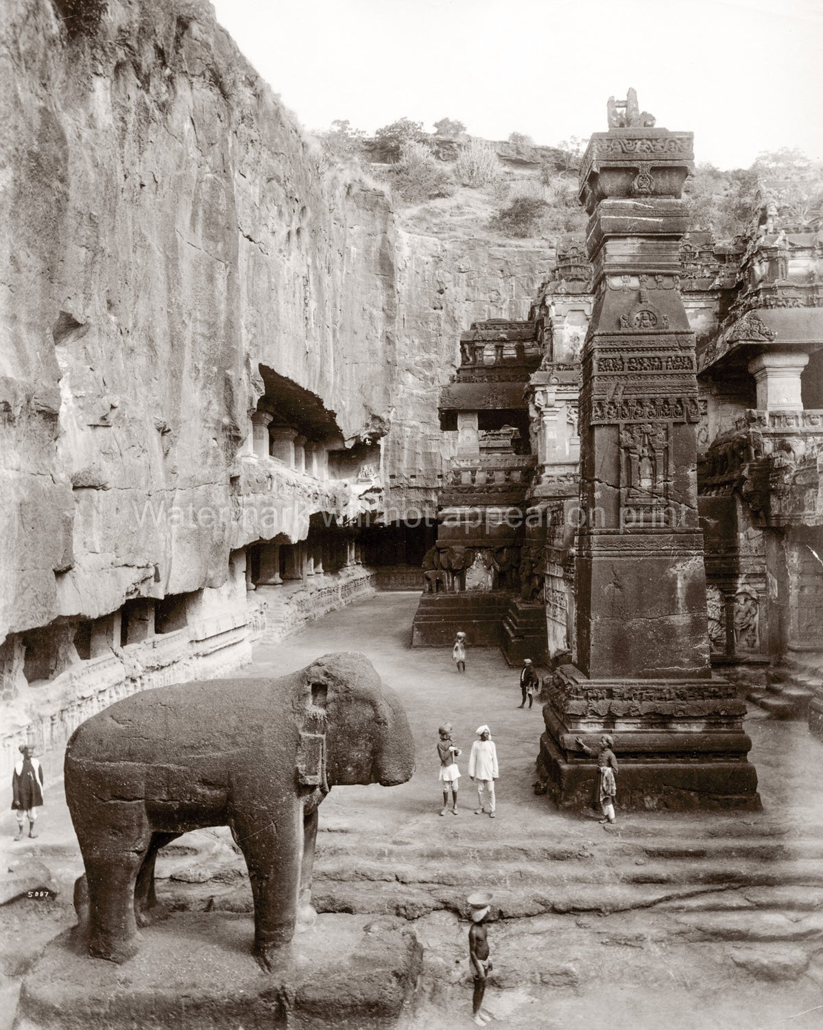 Ellora Caves India Rock Cut Elephant Temple Carving Sculpture Vtg. Photo 19thC.