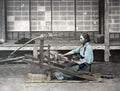 Japan Girl Weaver at Traditional Loom Kimono Textile Craft Vtg. Photo 19thC.