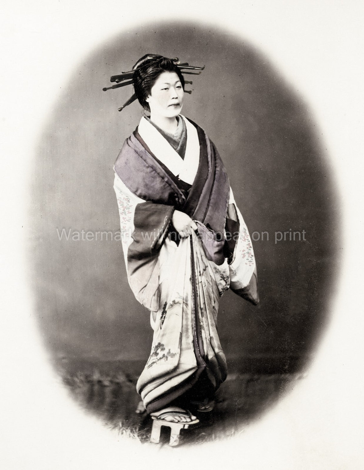Japanese Woman Kimono Traditional Dress Hairstyle Portrait Vtg. Photo 19thC.