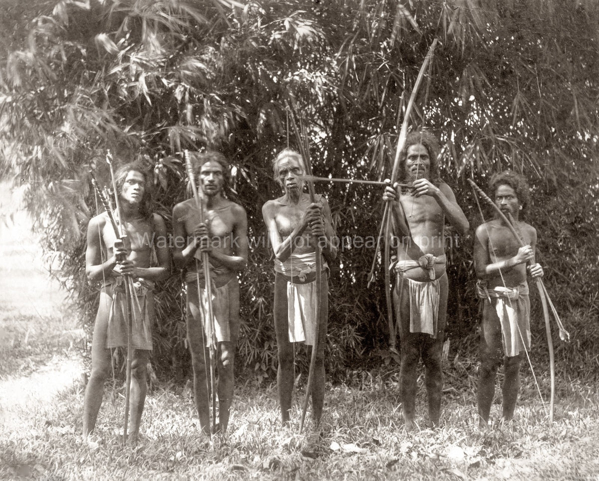 Veddah Tribe Indigenous Hunters Bows Arrows Ceylon Vtg. Photo 19thC.