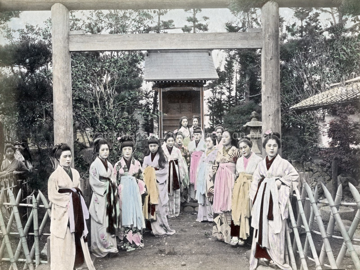 Japan Group Prostitutes Women Kimono Torii Gate Shrine Vtg. Photo 19thC.