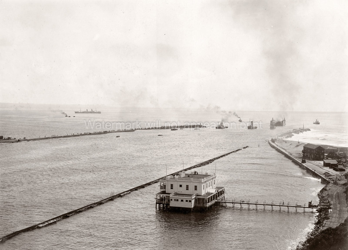 Durban Harbour Entrance South Africa Ships Breakwater Crowd Vtg. Photo 19thC.