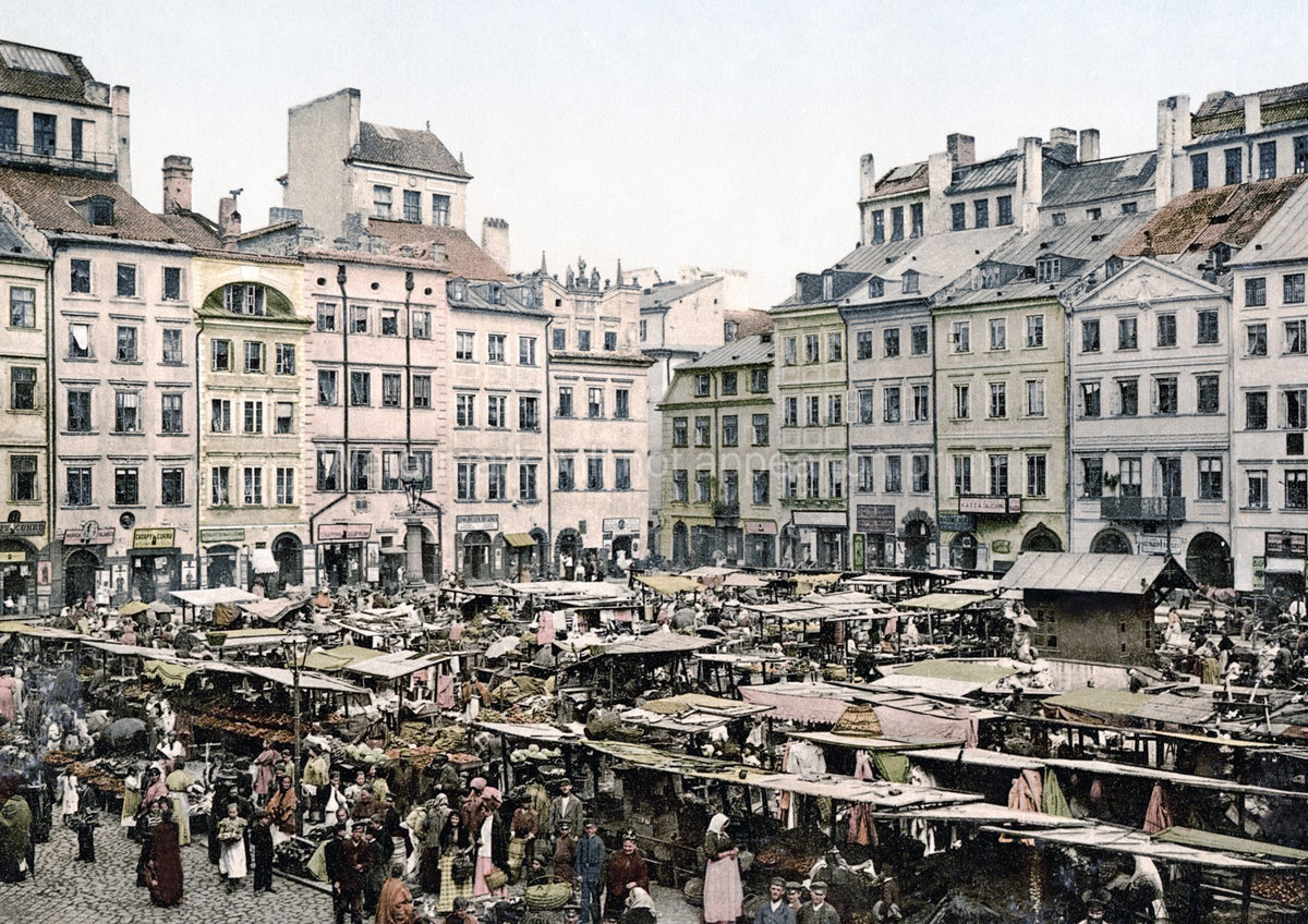 Warsaw Poland Market Square Cityscape Crowds Architecture Vtg. Photo 19thC.