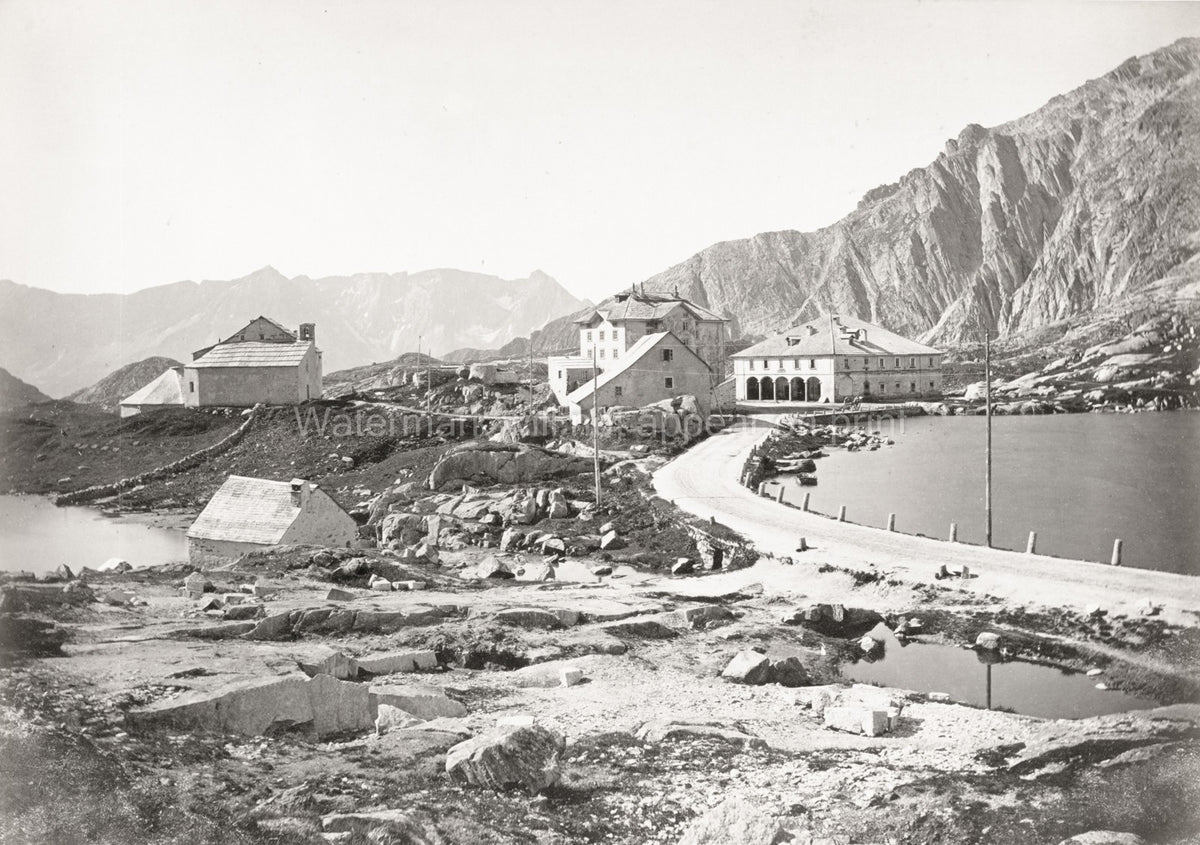 Gotthard Pass Old Hospice Switzerland Alpine Mountain Lake Vtg. Photo 19thC.