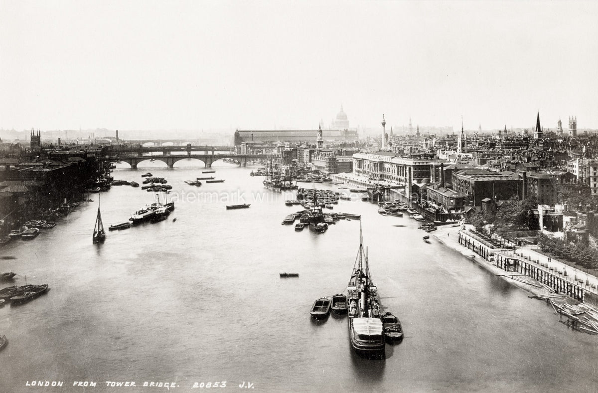 London River Thames Tower Bridge Cityscape St Pauls Boats Vtg. Photo 19thC.